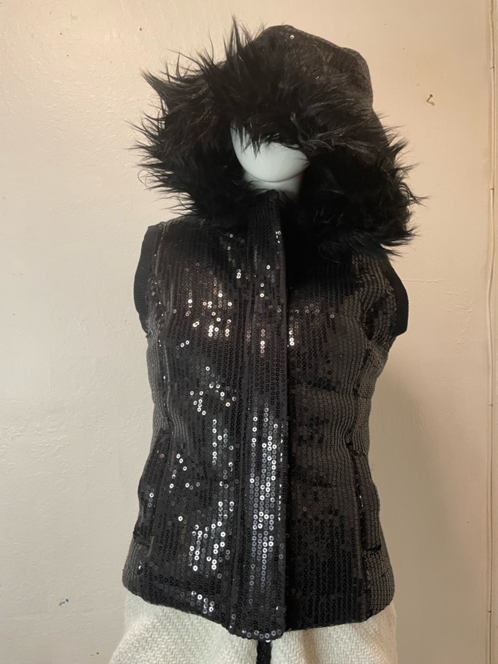 Aeropostale Black Sequin Puffer Vest with Faux-Fur Hood